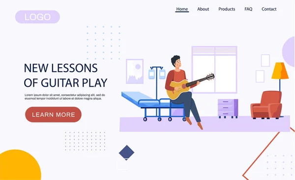 Webbplats med nya lektioner i gitarrspel. Killen på sjukhuset spelar gitarr och komponerar låtar. — Stock vektor