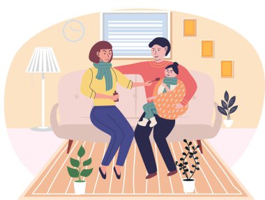 İnsanlar kızlarına ilaç veriyor. Kanepedeki birkaç kişi hasta çocuğu tedavi ediyor.