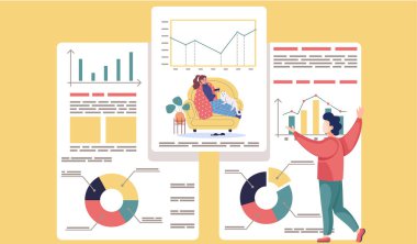 Adam arka plandaki posteri gösteriyor. Hastalıkların istatistikleri. Battaniyeli kadın limonlu çay içer.