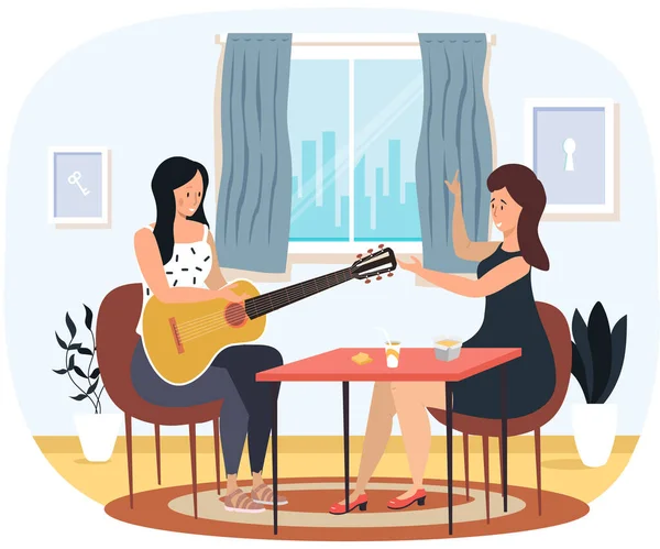 Το κορίτσι τραγουδάει και παίζει κιθάρα. Η γυναίκα διευθύνει και βοηθάει τη φίλη της. Οι άνθρωποι ξεκουράζονται στο σπίτι — Διανυσματικό Αρχείο