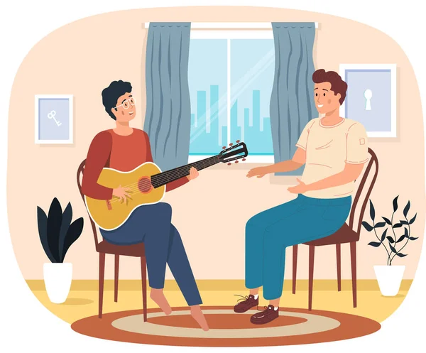 Människan sjunger sång för sin vän. Folk hemma njuter av tiden med gitarr. Killen som spelar musikinstrument — Stock vektor