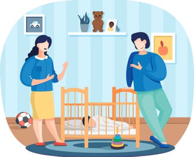 Anne ve baba uyuyan bebeğe bakıyor. Ebeveynler iletişim kurar ve evde birlikte vakit geçirirler.