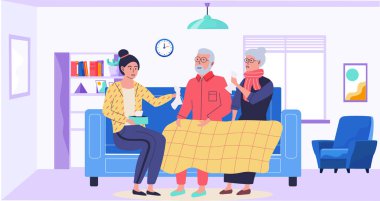 Kız, burnu akan insanlara peçete veriyor. Yaşlı hasta çifte yardım eden bir kadın.