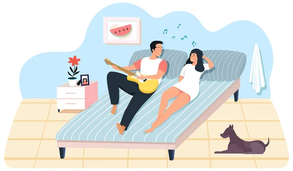 Propietarios de perros descansando en casa. El tipo canta con la guitarra para su novia. Hombre tocando instrumento musical — Archivo Imágenes Vectoriales