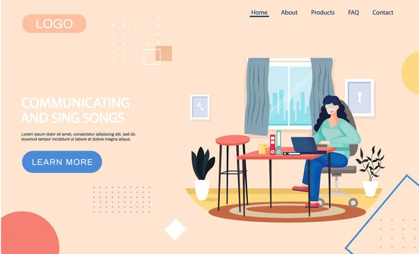 用笔记本电脑与女声工程师交流和演唱歌曲登陆页面模板 — 图库矢量图片