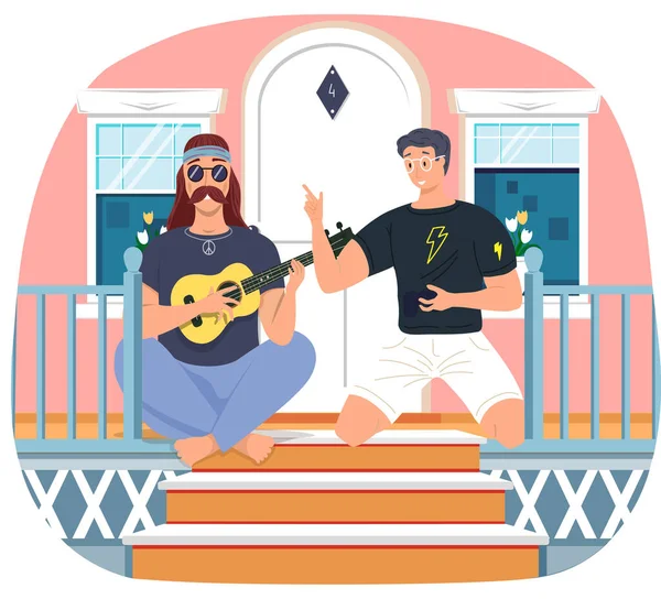 Os homens cantam juntos à porta da casa. Bardo masculino tocando guitarra vetor ilustração — Vetor de Stock