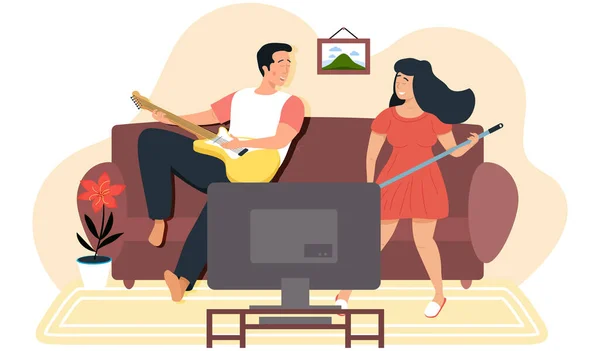 Una pareja pasa tiempo juntos. El personaje femenino toca la fregona como guitarra. Hombre canta con mujer en dúo — Vector de stock