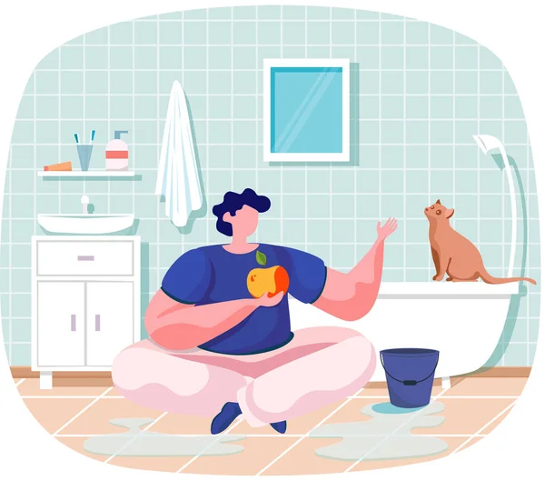 Sällskapsdjur ägare landning sida mall kille sitter med äpple i badrummet på golvet prata med smart katt — Stock vektor