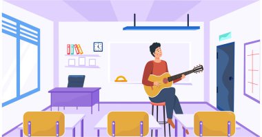 Gitarist müzik dersi veriyor. Okulda oturan ve gitar çalan adam. Şarkı söyleyen adam