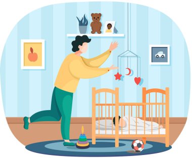 Babam, bebek beşiğine yatırılmış çocuk ninnisi söylüyor. Sağlıklı bebek, mutlu aile, doğum izni.