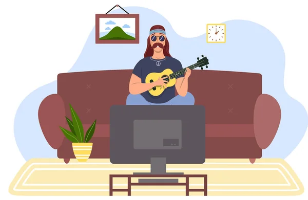 Il chitarrista sta guardando la televisione mentre suona in salotto. Bardo maschio con ukulele in mano — Vettoriale Stock