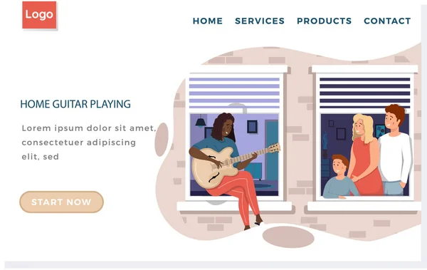 Mujer en balcón con instrumento musical. Sitio web con guitarra casera tocando. Guitarrista haciendo música — Vector de stock