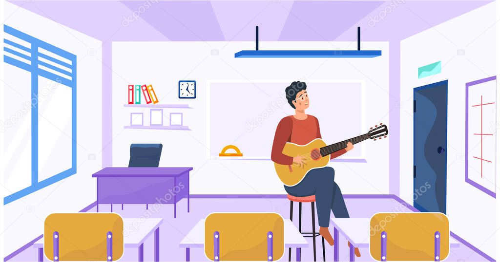 Guitarist teaches music class. Guy sitting at school and playing guitar. Man singing song