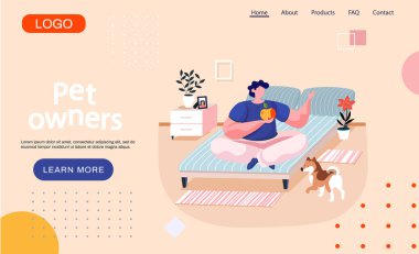Evcil hayvan sahipleri yatak odasında nilüfer ve köpek pozisyonunda bir adamın oturduğu sayfa şablonu çıkarıyorlar.