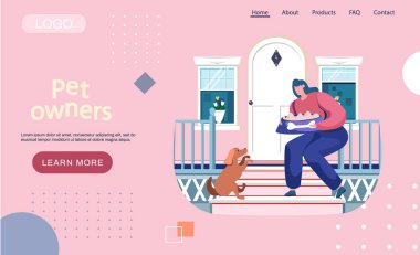 Hayvan sahibi iniş sayfası şablonu. Kapıda oturan mutlu kadın köpek mamasıyla besleniyor.