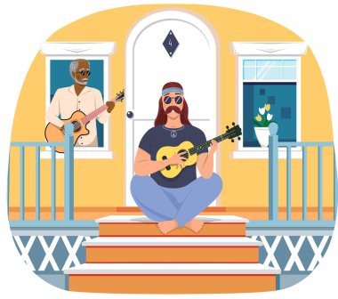 Yaşlı adam evin kapısında şarkı söylüyor. Ukuleleli erkek ozan. Gitar çalma hakkında web sitesi