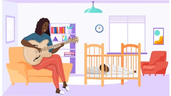 Mamá le canta una canción de cuna al bebé por la noche y lo ayuda a dormir. Descanso familiar juntos en casa — Vector de stock