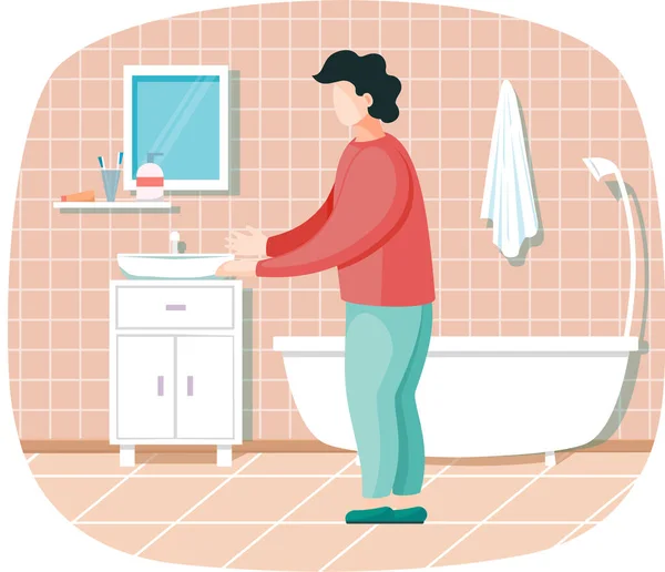 Muž v koupelně jít do práce po sprše, hygienické postupy, oblečený v ležérní oblečení boční pohled — Stockový vektor