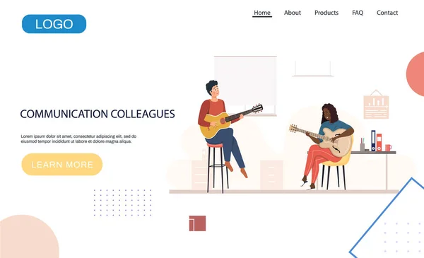Site sobre comunicação de colegas. Homem e mulher estão tocando guitarra e cantando em grupo —  Vetores de Stock