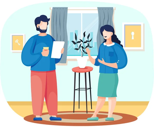 Couple of married people are standing talking in living room near window discuss common affairs — Stock Vector