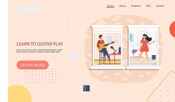 Learn to guitar play landing page template with people are passionate about music and singing songs — Stock Vector