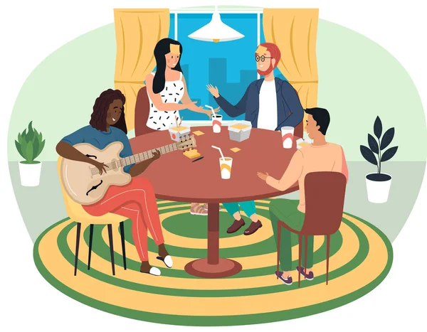 Personaggi dei cartoni animati con gioco da tavolo. Afro donna americana che suona la chitarra e si esibisce a casa — Vettoriale Stock