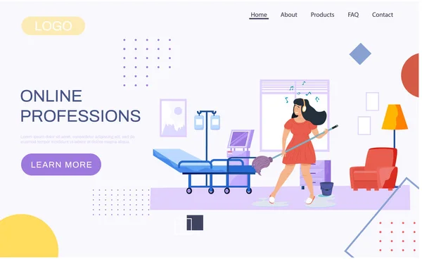 Website über Online-Berufe. Musiker mit Kopfhörern stellt sich Gitarre vor und spielt im Krankenhaus — Stockvektor