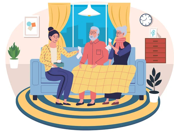 Concepto de salud. Mujer ayudando a pareja de ancianos enfermos en apartamento cuidando a padres ancianos — Vector de stock