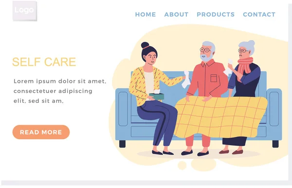 Diseño del sitio web de Internet. Concepto de autocuidado. Mujer ayudando a ancianos pareja enferma en apartamento — Archivo Imágenes Vectoriales