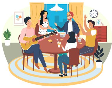 Masa oyunu oynayan insanlar. Adam şarkı söylüyor. Gitar çalan adam. Arkadaşlar evde eğleniyor.
