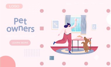Hayvan sahipleri iniş sayfası şablonu. Mutlu kadın köpekle oynuyor, komik kız atlama antrenmanı köpeği