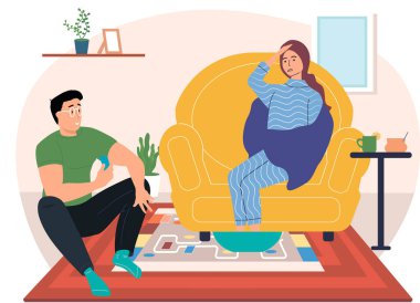 Hasta kız kendini izolasyonla tedavi görüyor. Ekoseye sarılmış bir kadın sıcak suda ayaklarını ısıtıyor.