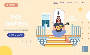 Hayvan sahipleri iniş sayfası şablonu. Erkek ozan kapısında ukulele ile oturup kedi için şarkı söylüyor.