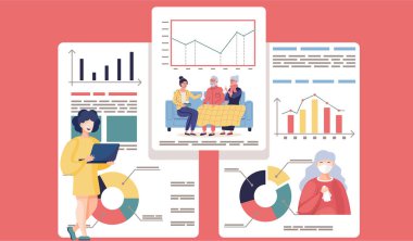 Veri raporunun yanında duran kız. Olay istatistik konsepti. Yaşlı hastalara yardım eden kadın