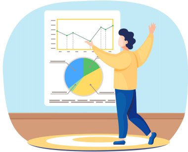 Adam ilerleme raporunu sunmaya hazırlanıyor. Karakter istatistiksel verilerle çizelgelerin yanında duruyor