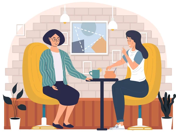 Γυναίκες φίλες κάθονται στο καφέ, επικοινωνώντας και πίνοντας ζεστά ροφήματα. Τα κορίτσια περνούν χρόνο έξω. — Διανυσματικό Αρχείο
