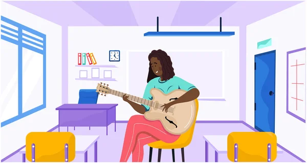 Žena sedící s kytarou v ruce. Hudebník hraje ve škole na hudební nástroje smyčce — Stockový vektor