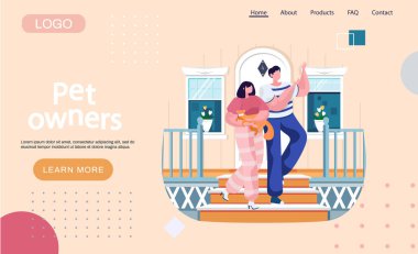 Evcil hayvan sahipleri iniş sayfası şablonu ellerinde kızıl kediyle yürüyen çift merdivenlerden aşağı iniyor.