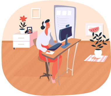 Kadın hakları savunucusu. Kulaklık takan, dizüstü bilgisayarlı bir kız oturma odasında ya da ofisin içinde oturuyor.