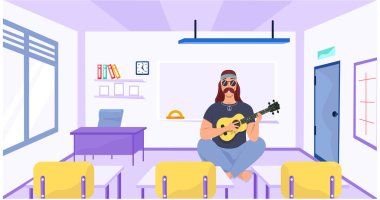 Erkek ozan ukulele ile oturur. Okulda gitarda şarkılar yapan kişi. Gitarist müzik dersi veriyor.