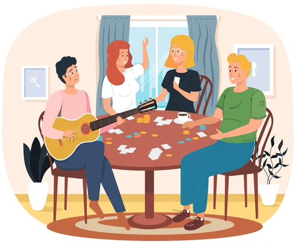 Amigos Jogando Cartas Sentadas Em Uma Mesa, Jovens Se Divertindo Juntos Em  Casa Ou Café. Pessoas Felizes Estão Descansando, Bebendo Bebidas Com Doces  E Jogando Um Jogo De Tabuleiro. Jogos De Família