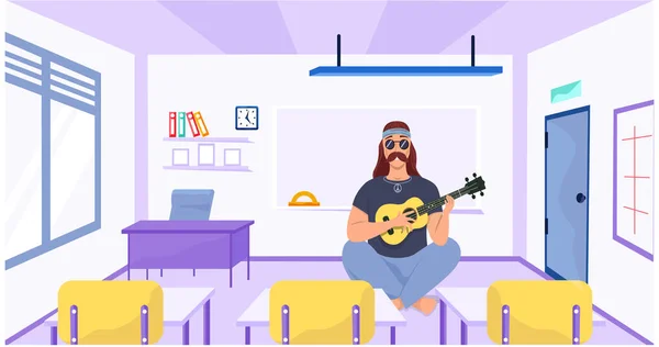 Bardo macho se sienta con ukelele. Persona crea canciones en la guitarra en la escuela. Guitarrista da clases de música — Vector de stock