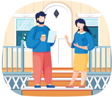 Meslektaşlar kahve içip ofiste konuşuyorlar. Dışarıdaki merdivenlerin girişinde duruyorlar.