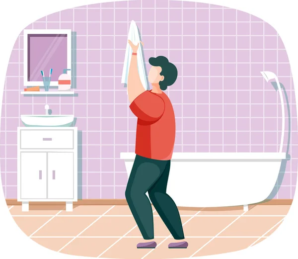 Персональная гигиена и чистота, ежедневный уход за телом, человек вытирает лицо полотенцем в ванной комнате — стоковый вектор