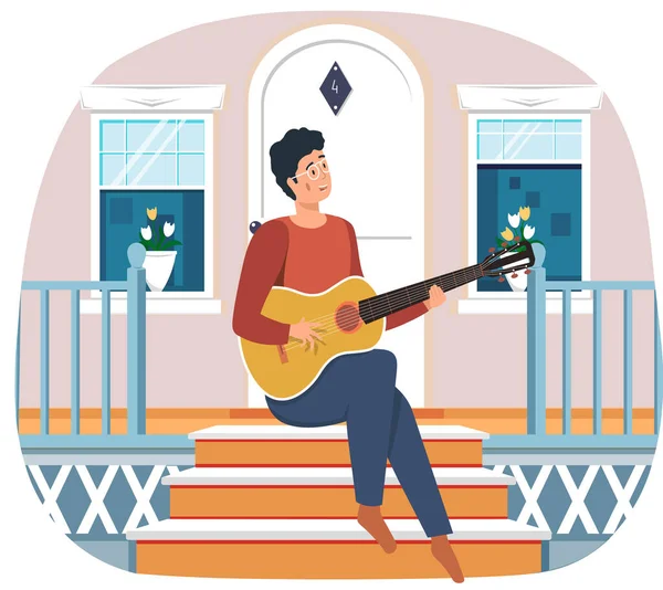O homem canta música. Um tipo sentado à porta da casa a tocar guitarra. Pessoa cria música — Vetor de Stock