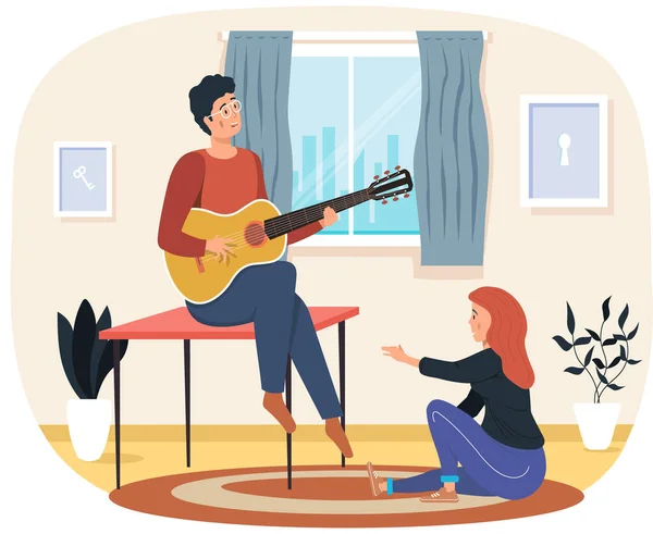 Muž zpívá přítelkyni. Pár doma, užívají si čas s kytarou. Guy hraje na hudební nástroj — Stockový vektor