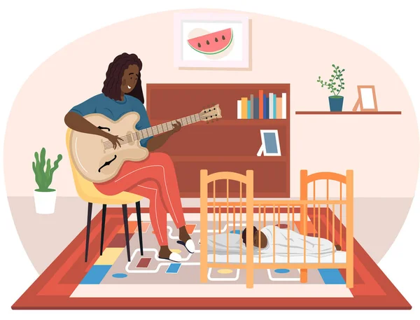 Mujer afroamericana tocando la guitarra. Mamá le canta a su hijo por la noche y le ayuda a dormir — Vector de stock