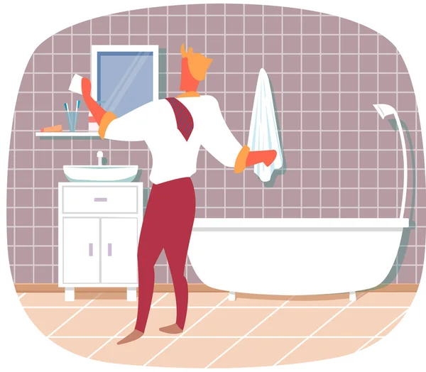 Мужчина в ванной собирается на работу после душа, одетый в белую рубашку, красные брюки и галстук с видом сзади — стоковый вектор