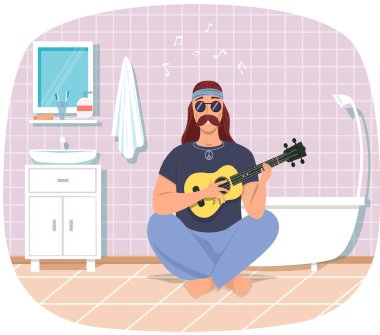 Gitarist banyoda dinleniyor. Ukuleleli erkek ozan. Müzisyen enstrümanda teller çalıyor