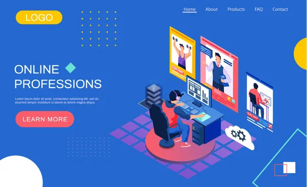 Profesiones en línea plantilla de landing page. Espacio de trabajo del programador. Persona que trabaja en la computadora — Vector de stock